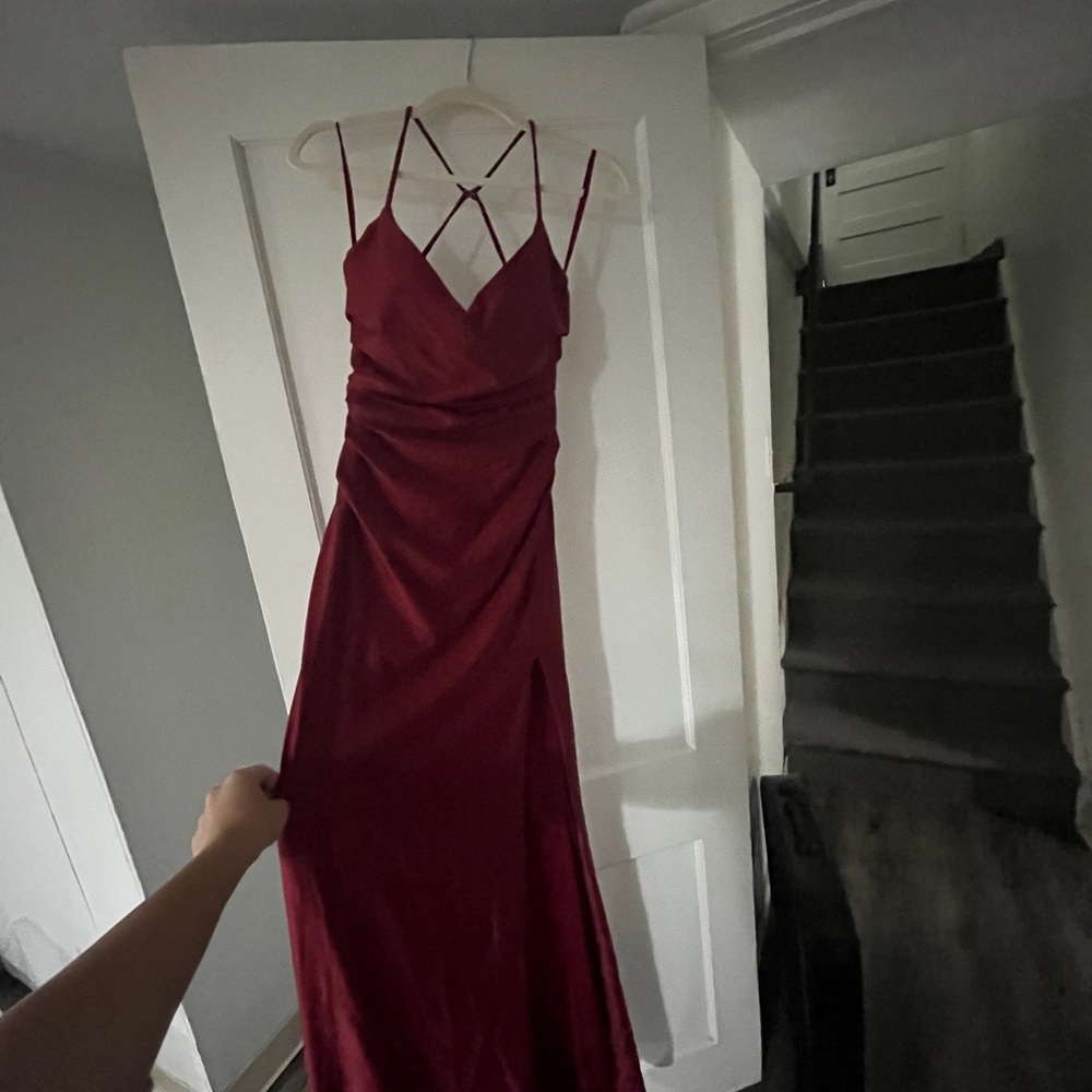 La Femme Red Ruched Backless Gown
